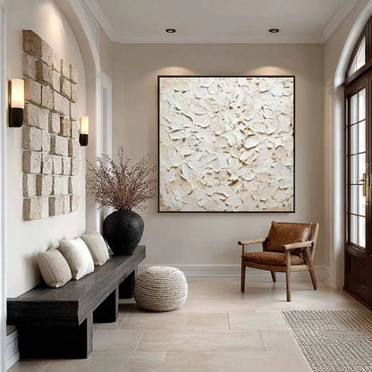 ALABASTER PETALS: Textured Wabi Sabi Abstract Impasto Painting | black frame version on white wall