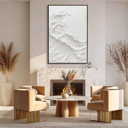 ALABASTER SWELL: Minimalist Textured Coastal Oil Painting | gold frame stretched on neutral wall