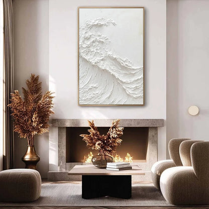 ALABASTER SWELL: Minimalist Textured Coastal Oil Painting | black frame version on white wall