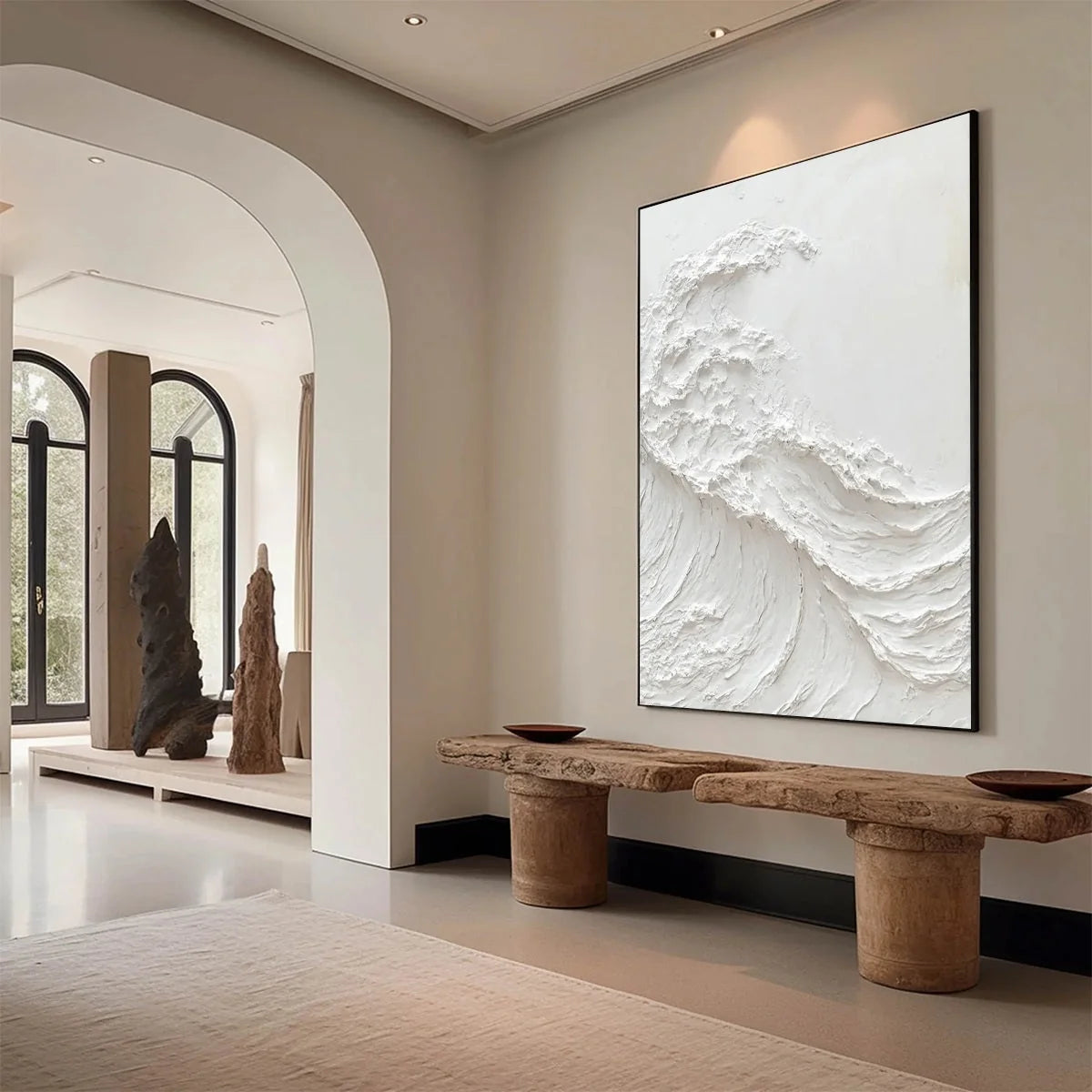 ALABASTER SWELL: Minimalist Textured Coastal Oil Painting | minimalist mood, soft natural light studio shot