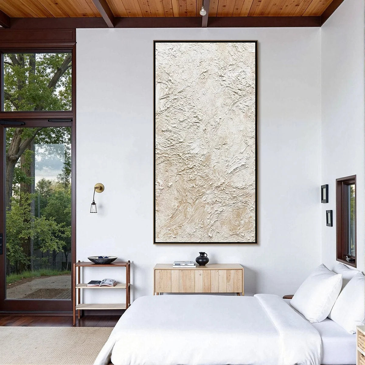 ALABASTER VEIL: Textured Wabi Sabi Minimalist Painting | gold frame stretched on neutral wall
