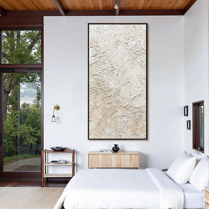 ALABASTER VEIL: Textured Wabi Sabi Minimalist Painting | gold frame stretched on neutral wall