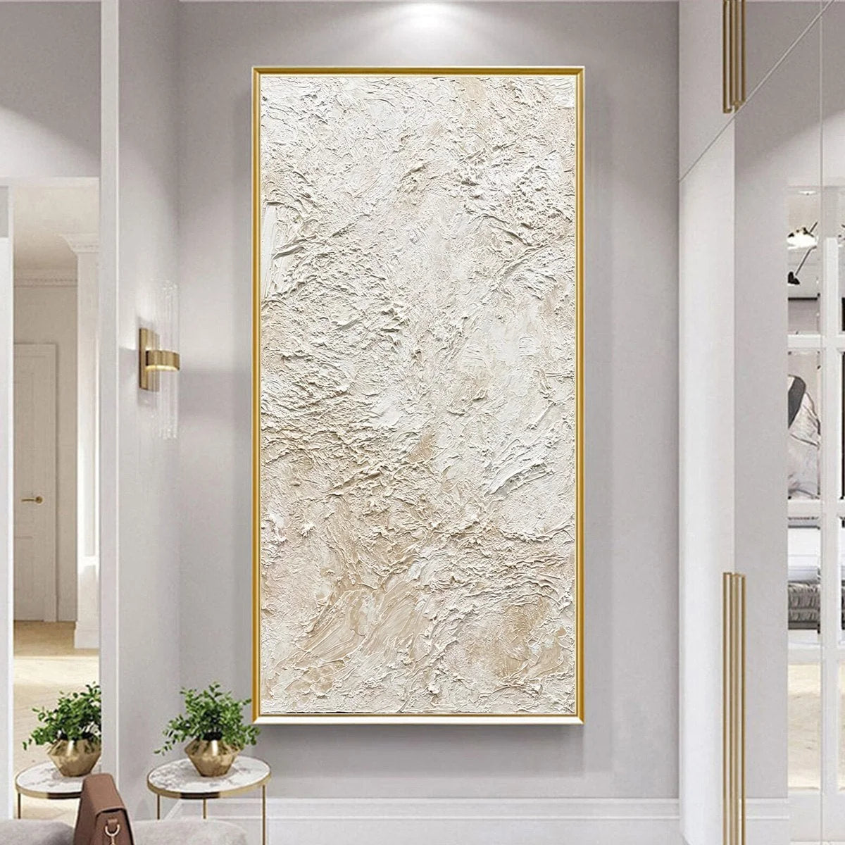 ALABASTER VEIL: Textured Wabi Sabi Minimalist Painting | black frame version on white wall