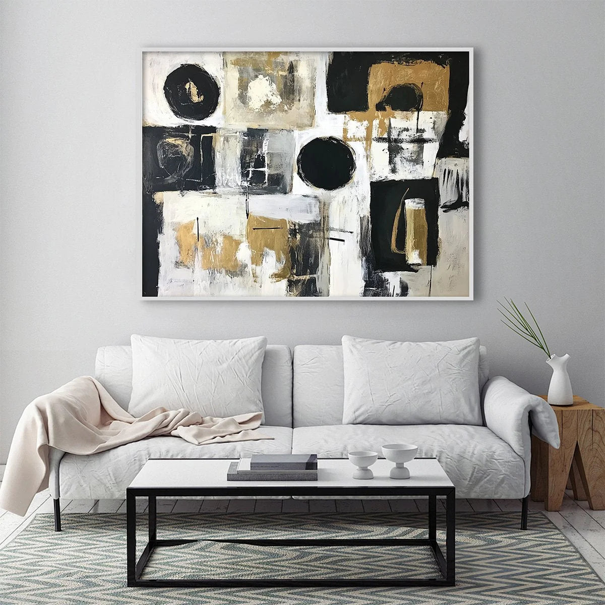 ALCHEMY GRID: Textured Abstract Painting in Black, White & Gold | textured closeup, raised brushwork detail