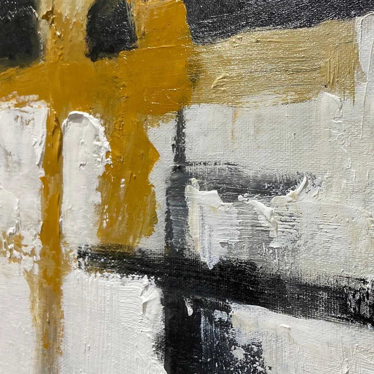 ALCHEMY GRID: Textured Abstract Painting in Black, White & Gold | rectangular format, hand-painted canvas edge