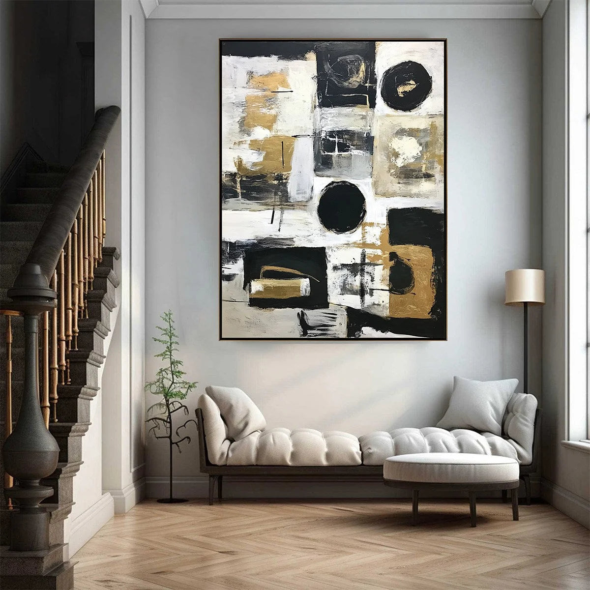 ALCHEMY GRID: Textured Abstract Painting in Black, White & Gold | gold frame stretched on neutral wall