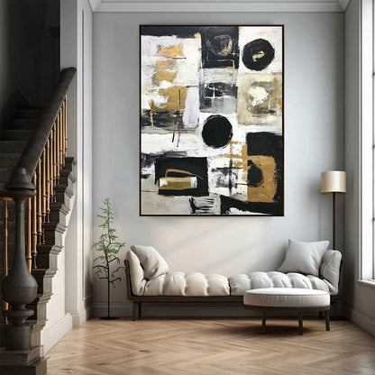 ALCHEMY GRID: Textured Abstract Painting in Black, White & Gold | gold frame stretched on neutral wall