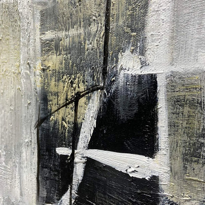 ALCHEMY GRID: Textured Abstract Painting in Black, White & Gold | black frame version on white wall