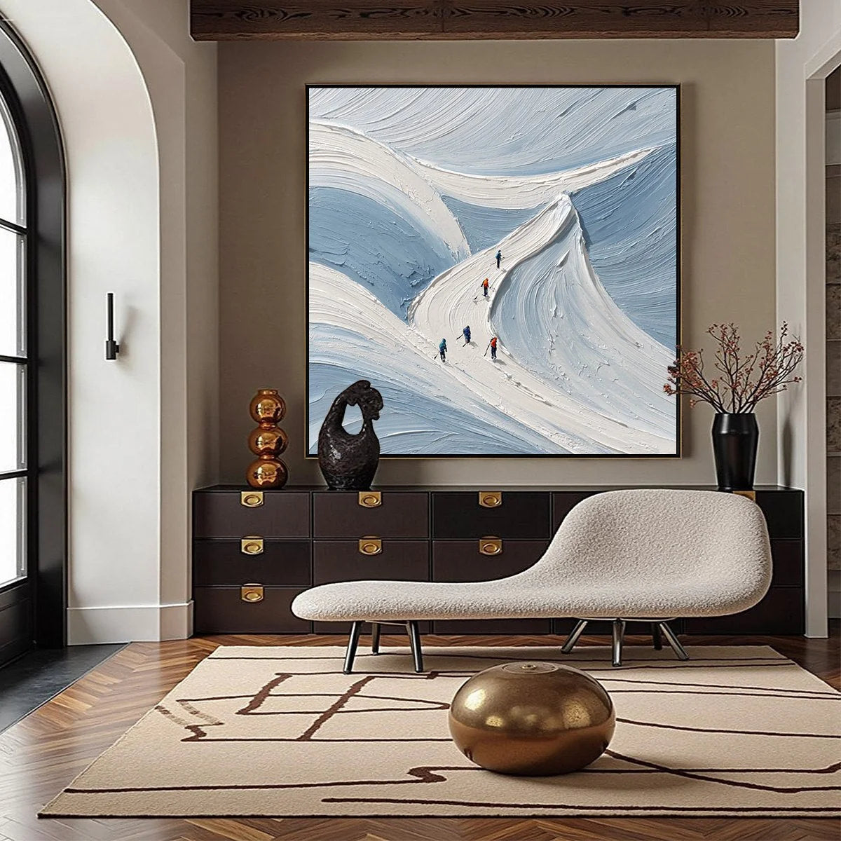 ALPINE ASCENT: Textured Impasto Skiing Mountainscape Painting | gold frame stretched on neutral wall