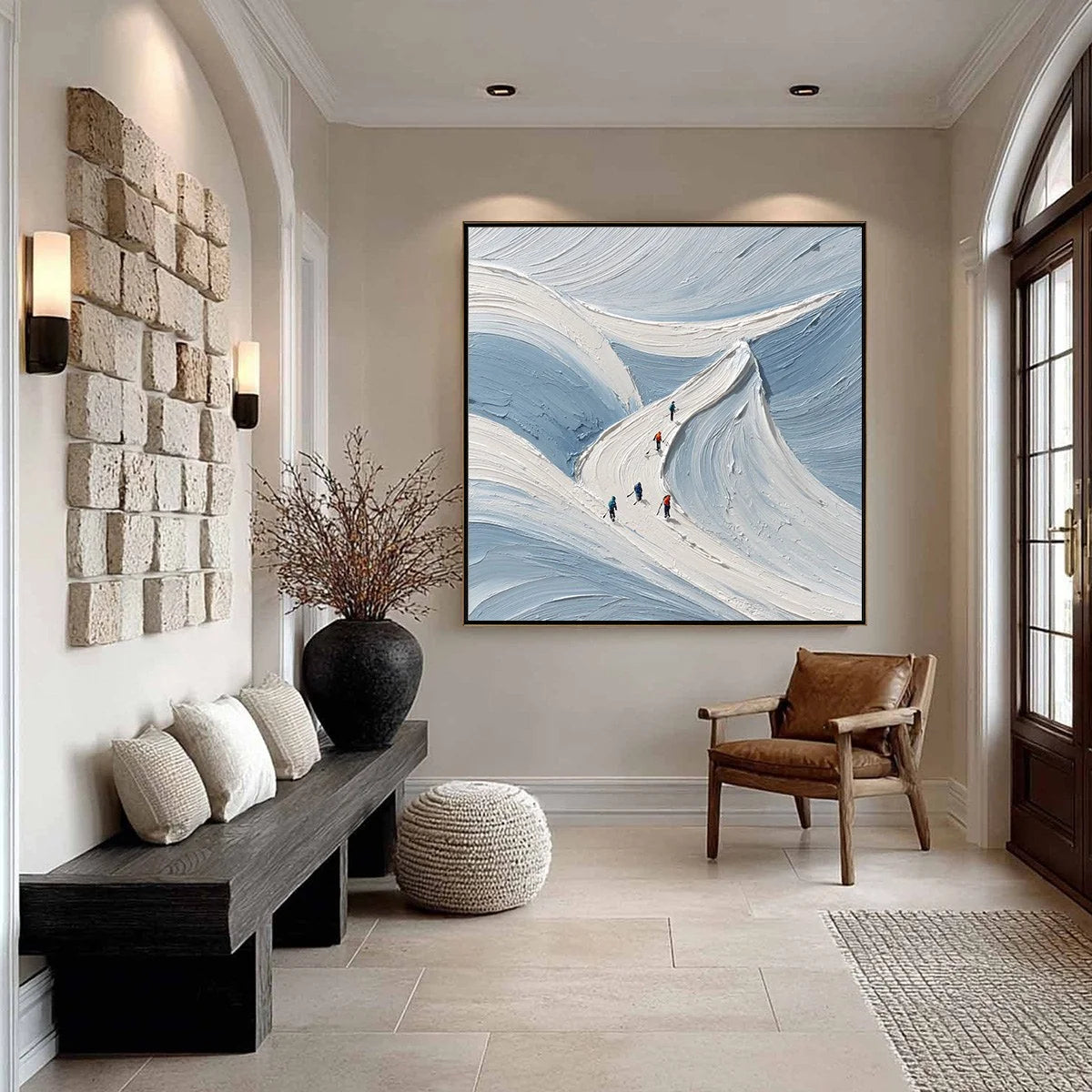 ALPINE ASCENT: Textured Impasto Skiing Mountainscape Painting | black frame version on white wall