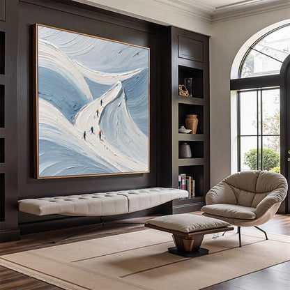 ALPINE ASCENT: Textured Impasto Skiing Mountainscape Painting | impasto mood, soft natural light studio shot