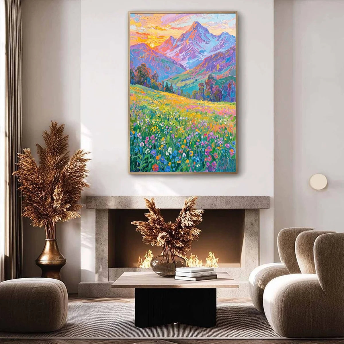 ALPINE BLOOM: Impasto Colorful Mountain Landscape Painting | rectangular format, hand-painted canvas edge