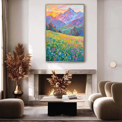 ALPINE BLOOM: Impasto Colorful Mountain Landscape Painting | rectangular format, hand-painted canvas edge