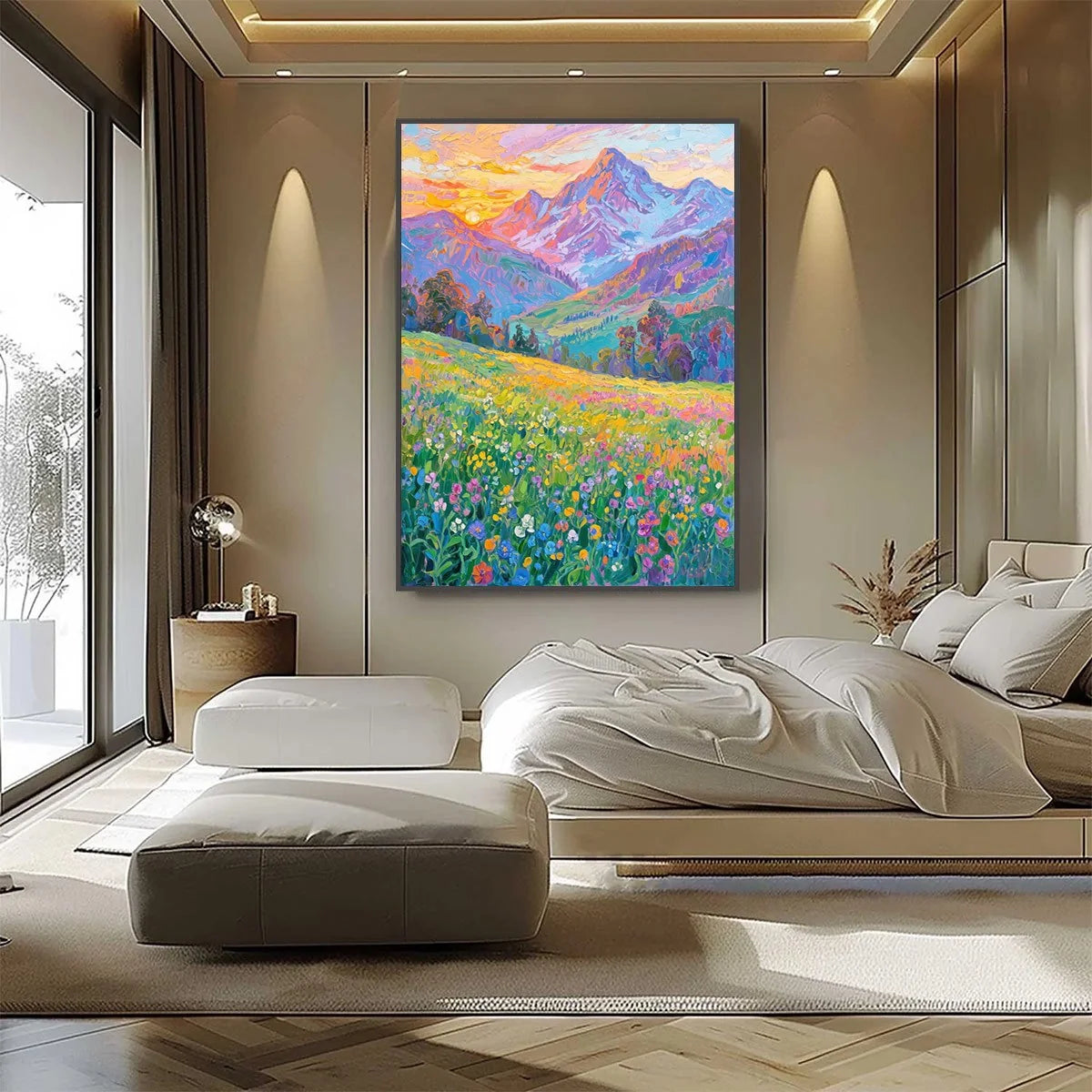 ALPINE BLOOM: Impasto Colorful Mountain Landscape Painting | gold frame stretched on neutral wall