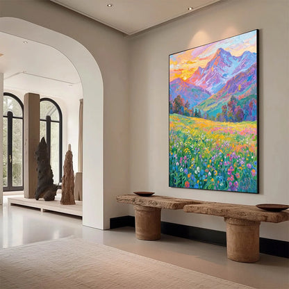 ALPINE BLOOM: Impasto Colorful Mountain Landscape Painting | rolled canvas, ready for custom framing