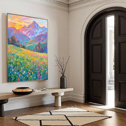 ALPINE BLOOM: Impasto Colorful Mountain Landscape Painting | black frame version on white wall