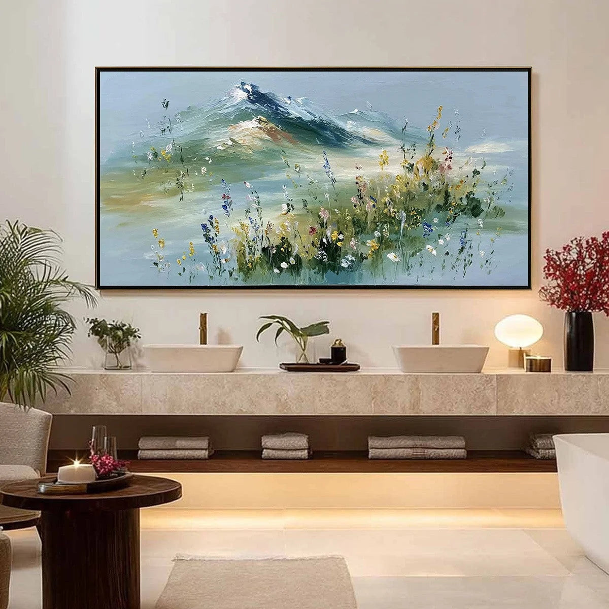 ALPINE BLOOM: Textured Palette Knife Mountain & Wildflower Landscape Painting | palette knife closeup, raised brushwork detail
