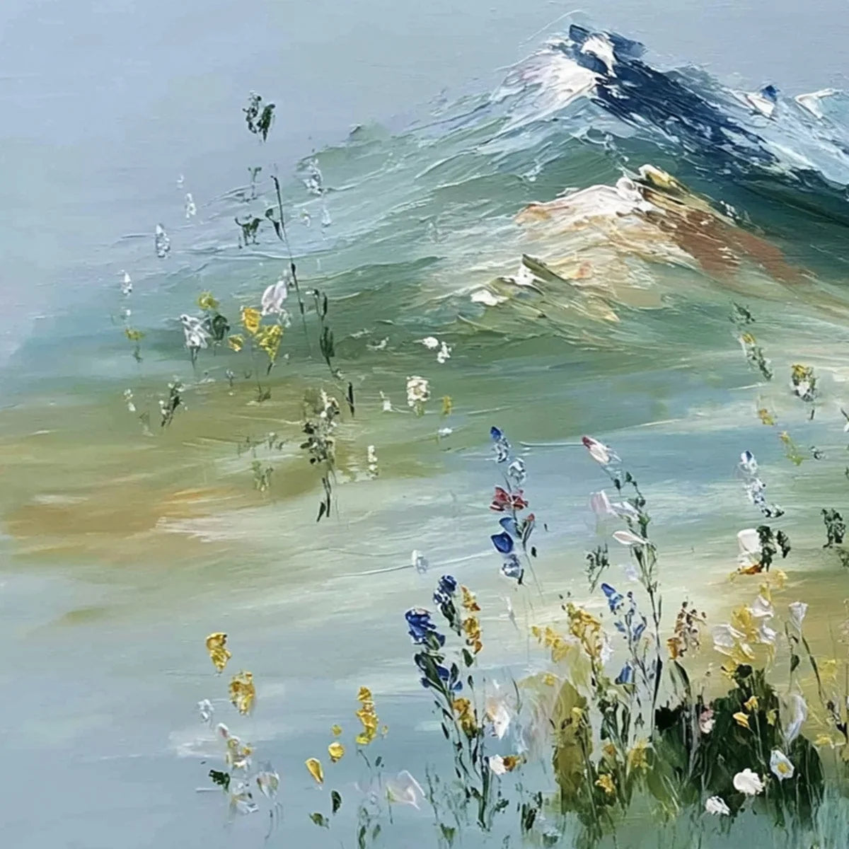 ALPINE BLOOM: Textured Palette Knife Mountain & Wildflower Landscape Painting | rectangular format, hand-painted canvas edge