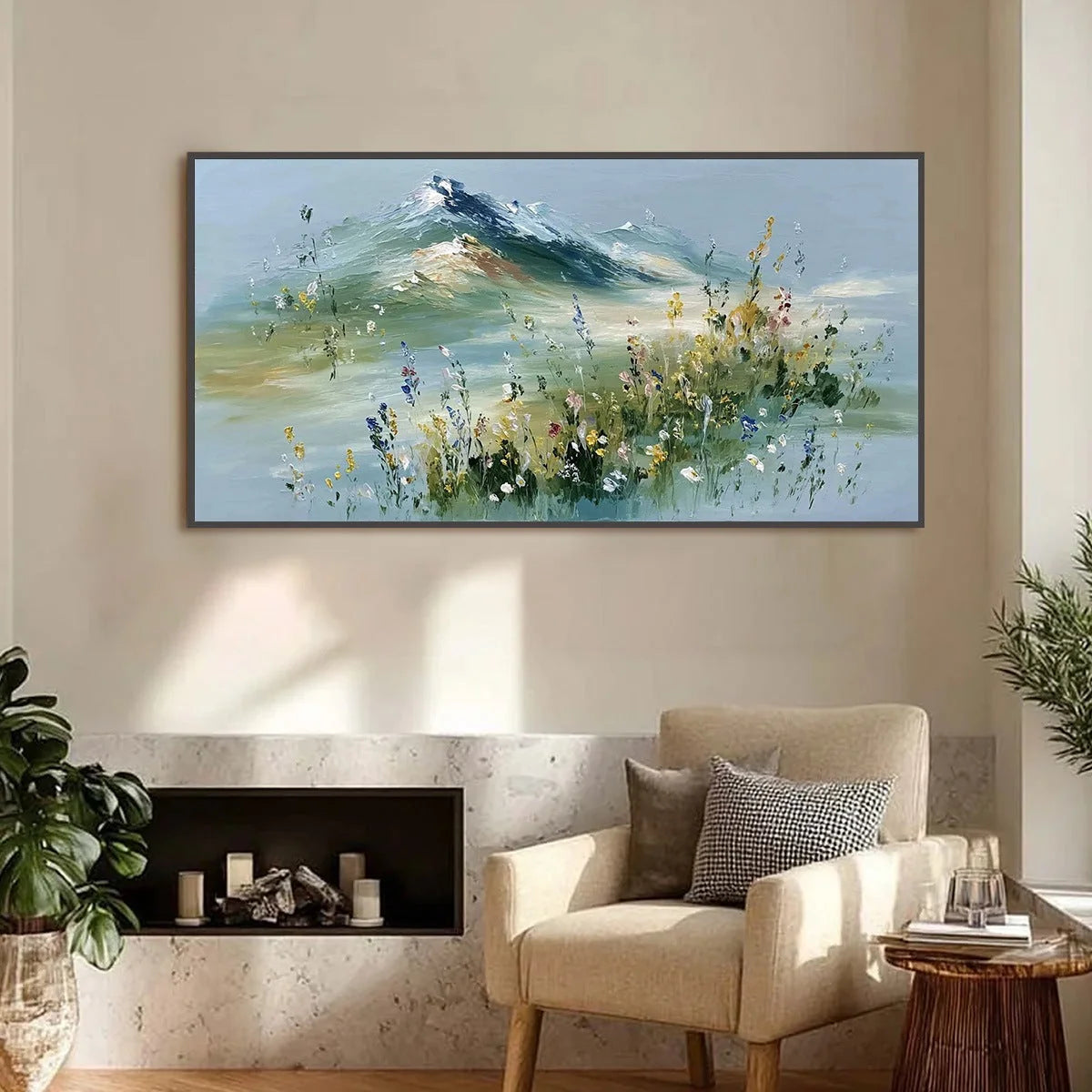 ALPINE BLOOM: Textured Palette Knife Mountain & Wildflower Landscape Painting | gold frame stretched on neutral wall