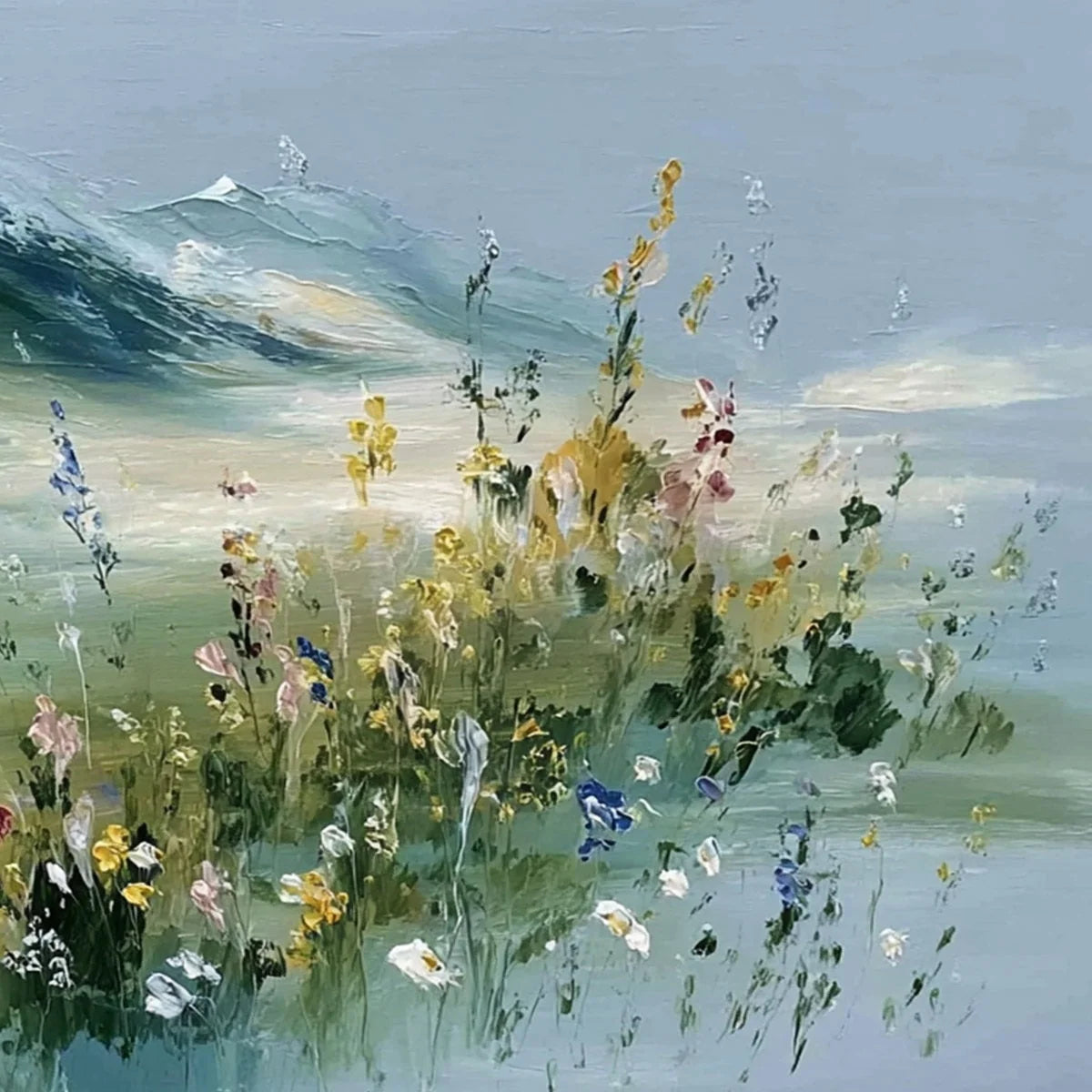 ALPINE BLOOM: Textured Palette Knife Mountain & Wildflower Landscape Painting | rolled canvas, ready for custom framing