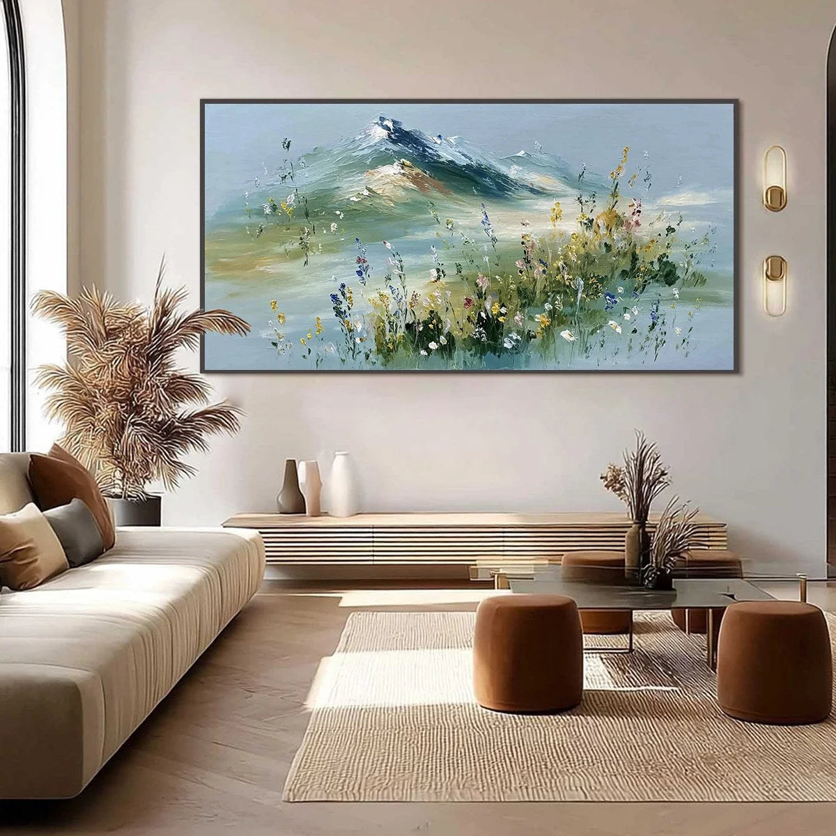 ALPINE BLOOM: Textured Palette Knife Mountain & Wildflower Landscape Painting | black frame version on white wall