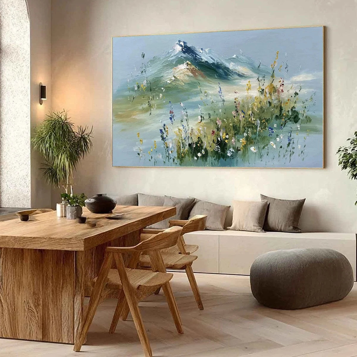 ALPINE BLOOM: Textured Palette Knife Mountain & Wildflower Landscape Painting | palette knife mood, soft natural light studio shot