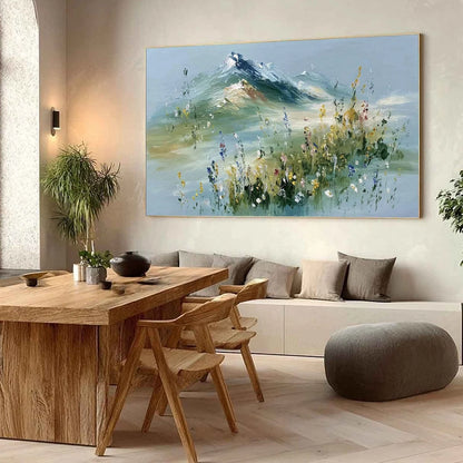 ALPINE BLOOM: Textured Palette Knife Mountain & Wildflower Landscape Painting | palette knife mood, soft natural light studio shot