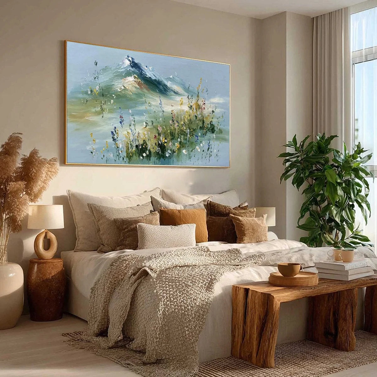 ALPINE BLOOM: Textured Palette Knife Mountain & Wildflower Landscape Painting | multi palette, original bedroom art