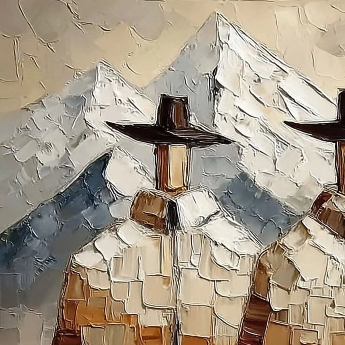 ALPINE COMPANIONS: Textured Impasto Painting of Two Figures in the Mountains | rectangular format, hand-painted canvas edge