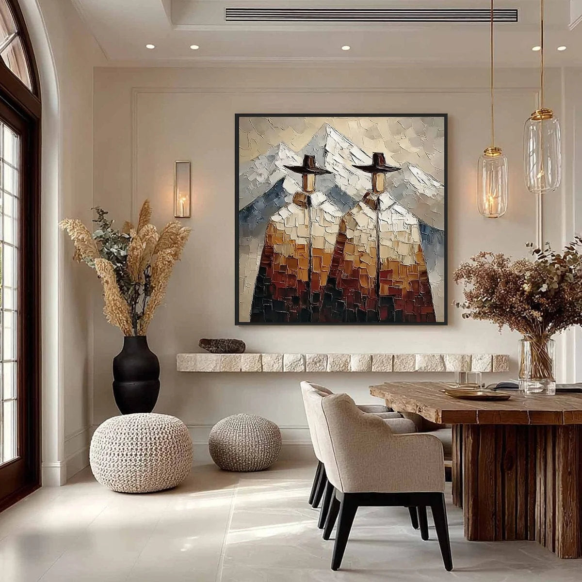 ALPINE COMPANIONS: Textured Impasto Painting of Two Figures in the Mountains | gold frame stretched on neutral wall