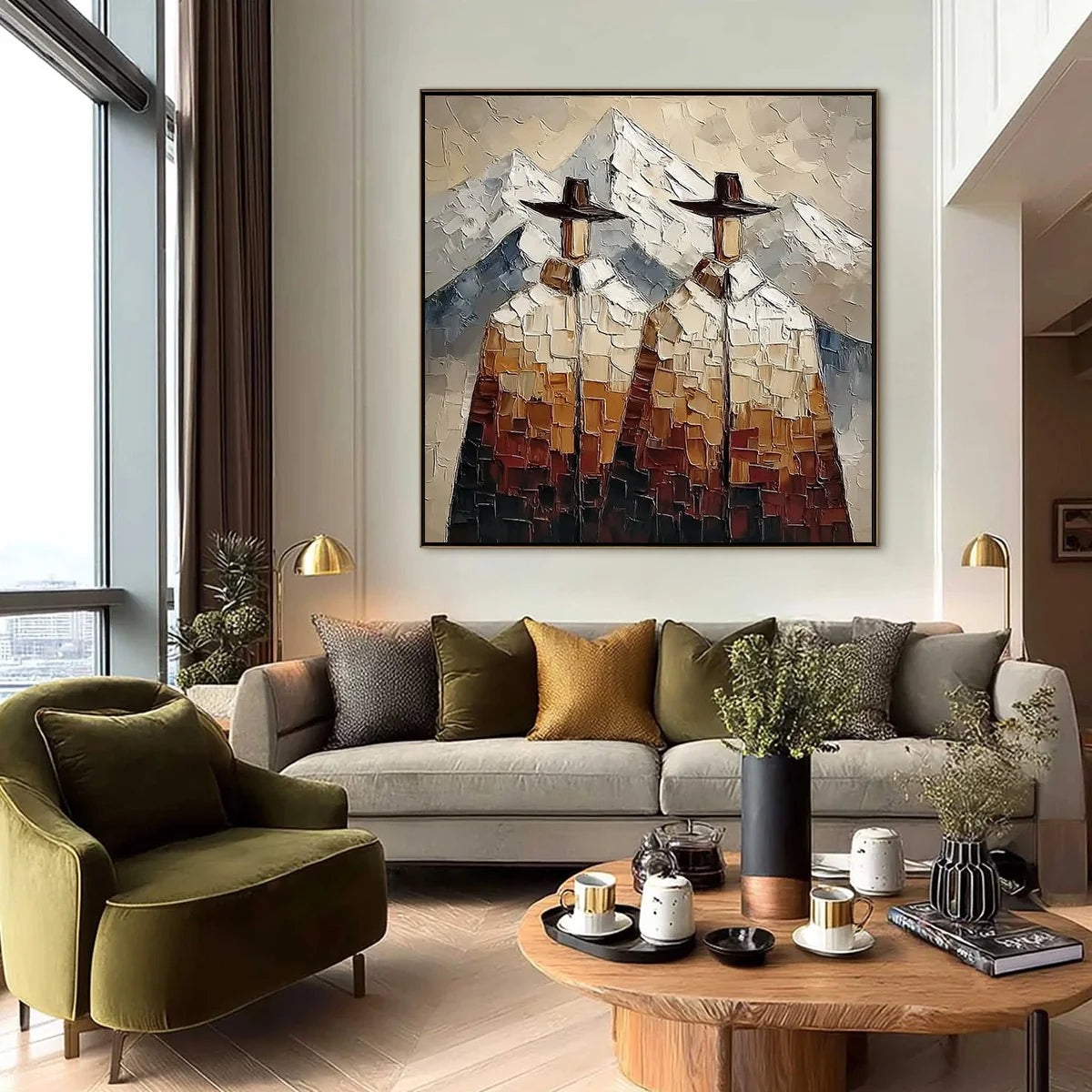 ALPINE COMPANIONS: Textured Impasto Painting of Two Figures in the Mountains | black frame version on white wall