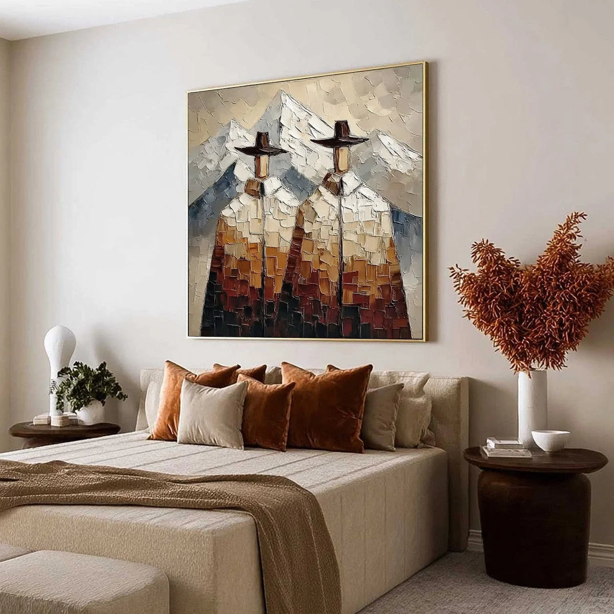 ALPINE COMPANIONS: Textured Impasto Painting of Two Figures in the Mountains | impasto mood, soft natural light studio shot