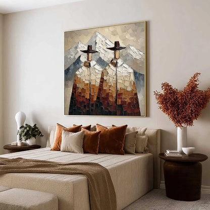 ALPINE COMPANIONS: Textured Impasto Painting of Two Figures in the Mountains | impasto mood, soft natural light studio shot
