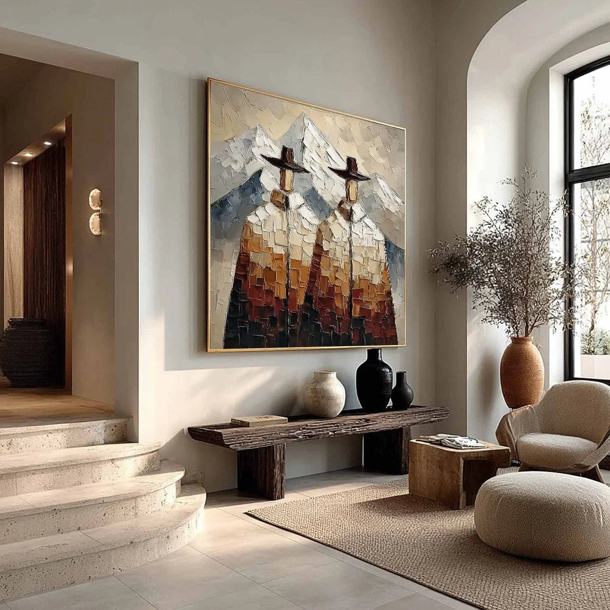 ALPINE COMPANIONS: Textured Impasto Painting of Two Figures in the Mountains | multi palette, original bedroom art