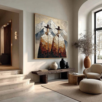 ALPINE COMPANIONS: Textured Impasto Painting of Two Figures in the Mountains | multi palette, original bedroom art