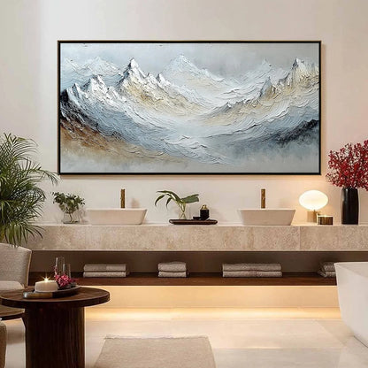 ALPINE CREST: Heavily Textured Wabi Sabi Mountain Landscape Painting | gold frame stretched on neutral wall