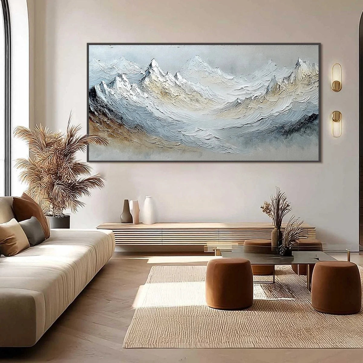 ALPINE CREST: Heavily Textured Wabi Sabi Mountain Landscape Painting | black frame version on white wall