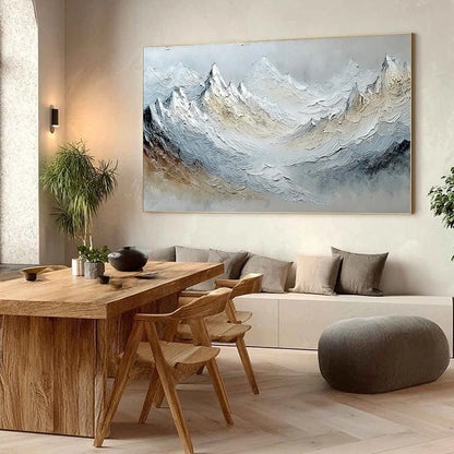 ALPINE CREST: Heavily Textured Wabi Sabi Mountain Landscape Painting | wabi sabi mood, soft natural light studio shot