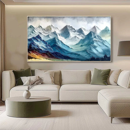 ALPINE CREST: Textured Impasto Mountain Range Landscape Painting | gold frame stretched on neutral wall