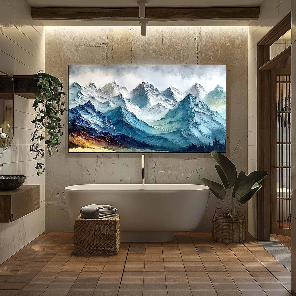 ALPINE CREST: Textured Impasto Mountain Range Landscape Painting | black frame version on white wall