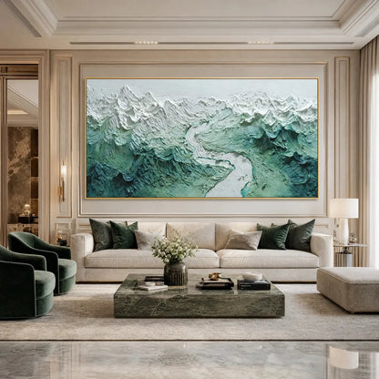 ALPINE CURRENT: Textured Impasto Mountain River Landscape | impasto closeup, raised brushwork detail