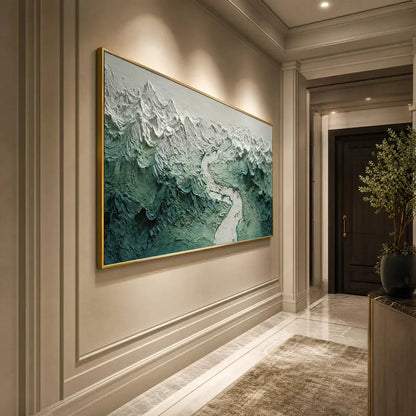 ALPINE CURRENT: Textured Impasto Mountain River Landscape | rectangular format, hand-painted canvas edge