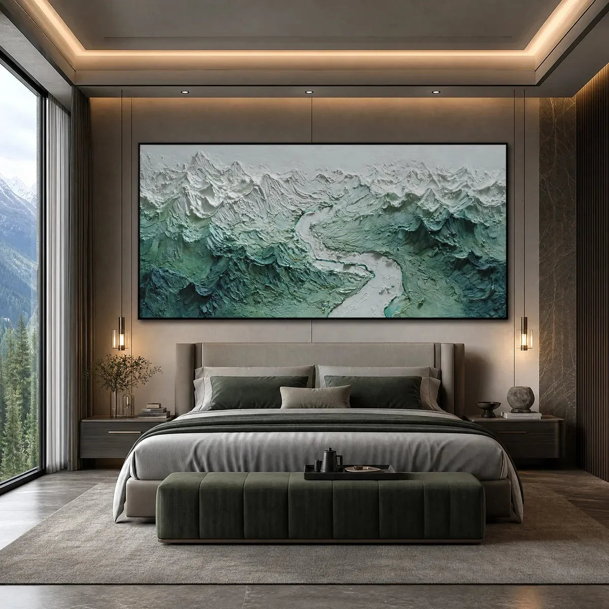 ALPINE CURRENT: Textured Impasto Mountain River Landscape | gold frame stretched on neutral wall
