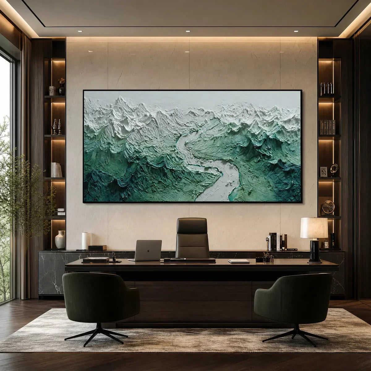 ALPINE CURRENT: Textured Impasto Mountain River Landscape | black frame version on white wall