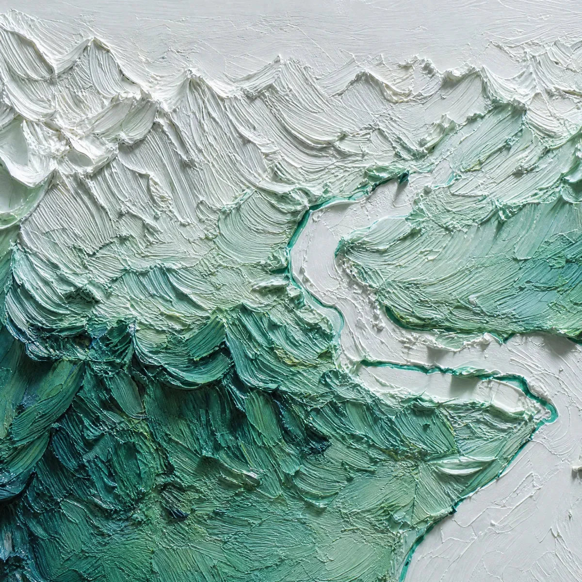 ALPINE CURRENT: Textured Impasto Mountain River Landscape | impasto mood, soft natural light studio shot