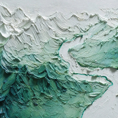 ALPINE CURRENT: Textured Impasto Mountain River Landscape | impasto mood, soft natural light studio shot