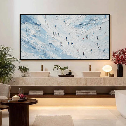 ALPINE DESCENT: Textured Impasto Painting of Skiers on a Snowy Mountain | impasto closeup, raised brushwork detail
