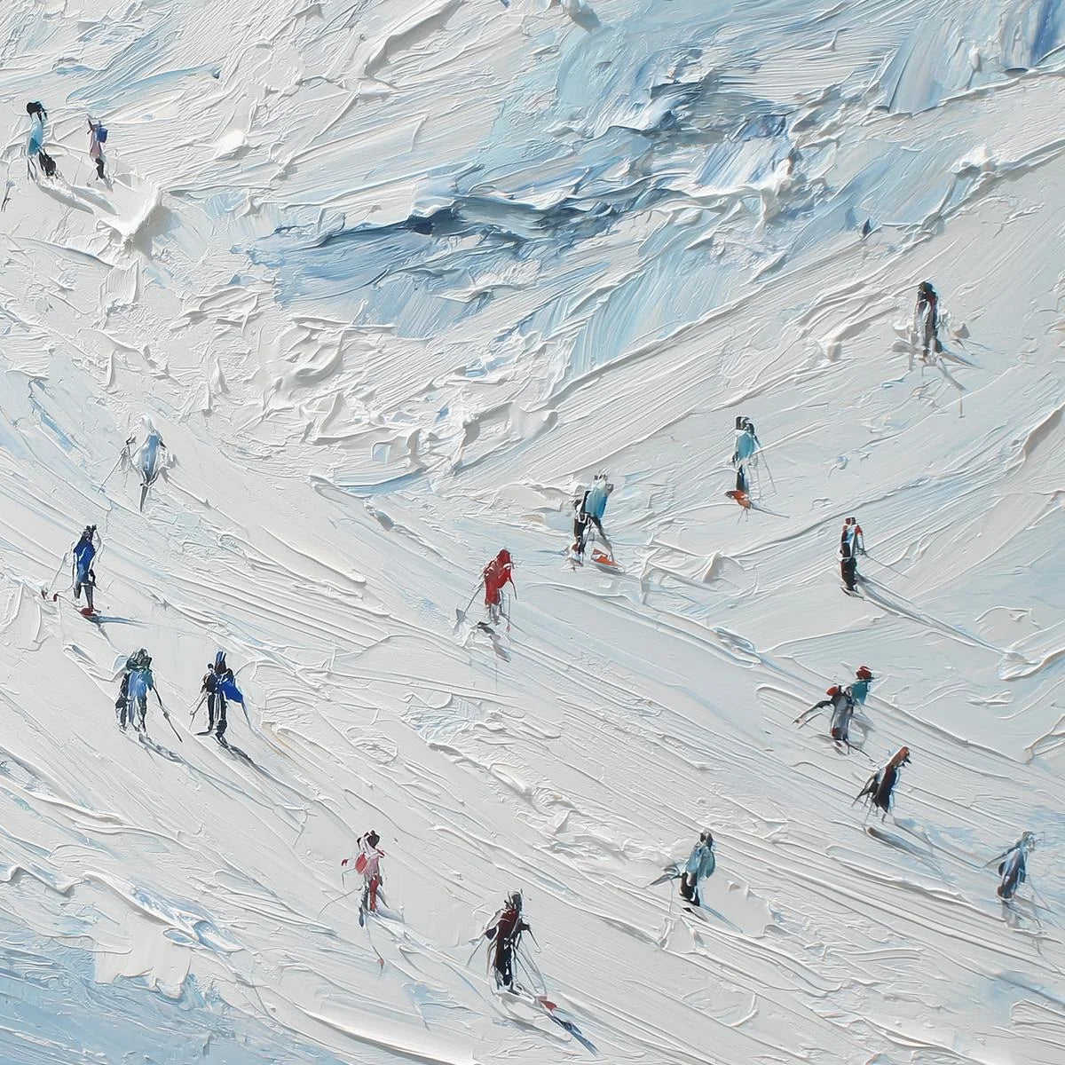 ALPINE DESCENT: Textured Impasto Painting of Skiers on a Snowy Mountain | rectangular format, hand-painted canvas edge