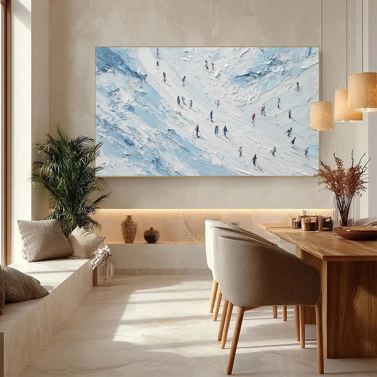 ALPINE DESCENT: Textured Impasto Painting of Skiers on a Snowy Mountain | gold frame stretched on neutral wall