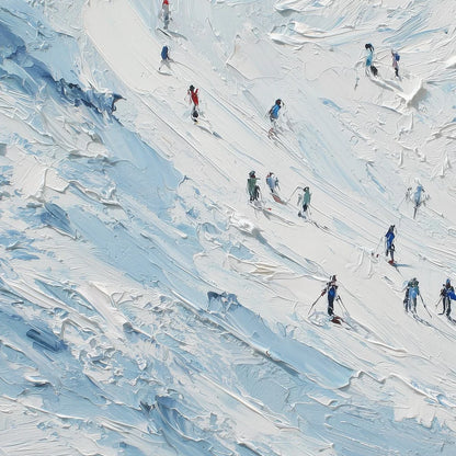 ALPINE DESCENT: Textured Impasto Painting of Skiers on a Snowy Mountain | rolled canvas, ready for custom framing